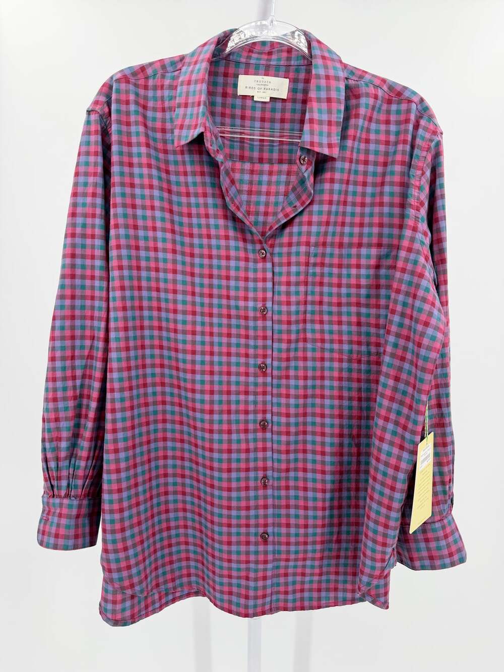 Birds of Paradis by Trovata Shirt Oversized Button Down Top Blake Purple Check